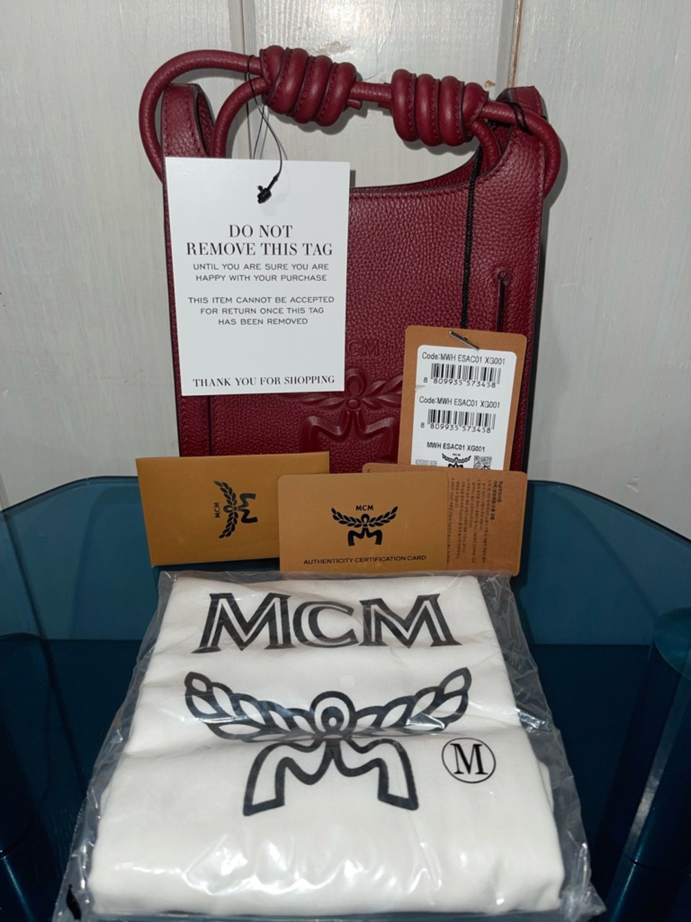 MCM Leather Mini Debossed Logo Himmel Hobo Bag Red Burgundy NWT full inclusion - Picture 10 of 12